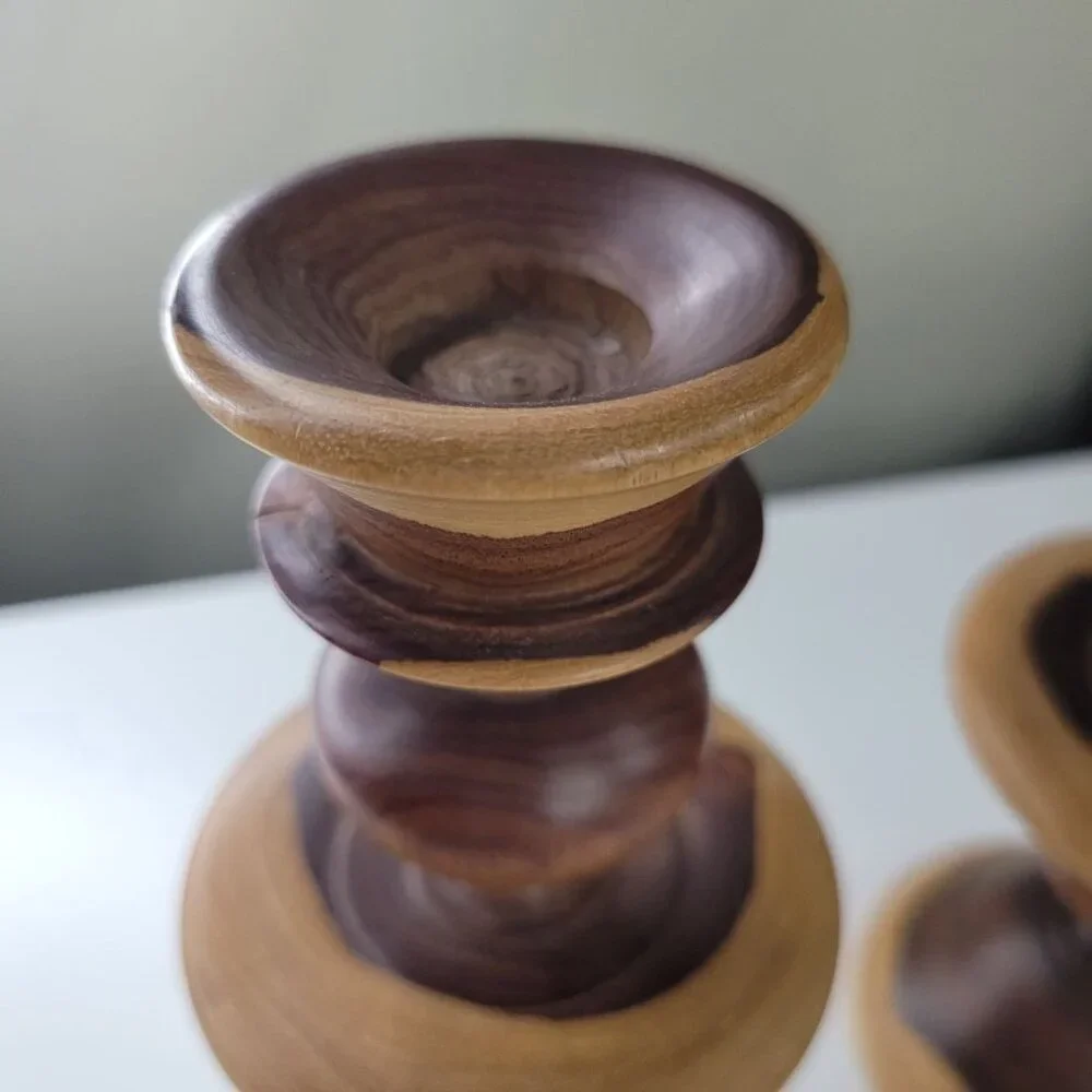 Wooden Candlestick Holders Tapered Solid Grain Two Tone Turned Pair Set 6.5 Inch